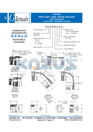 370LS003B08 datasheet - Water-Tight Cable Sealing Backshell