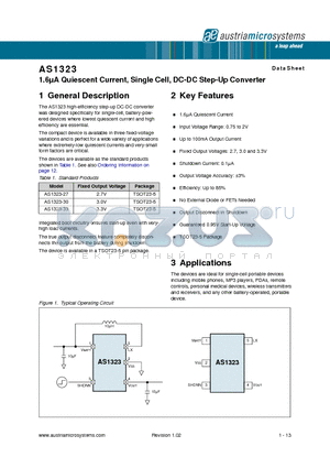 AS1323-BTTT-30 datasheet - 1.6uA Quiescent Current, Single Cell, DC-DC Step-Up Converter