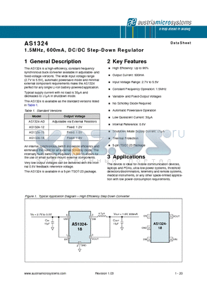 AS1324-15 datasheet - 1.5MHz, 600mA, DC/DC Step-Down Regulator