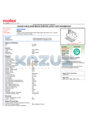 0022122034 datasheet - 2.54mm (.100) Pitch KK^ Solid Header, Right Angle, with Friction Lock, 3 Circuits, 0.51lm (20l) Gold (Au) Plating