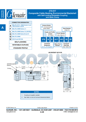 370LW017XO10 datasheet - Composite Cable-Sealing Environmental Backshell