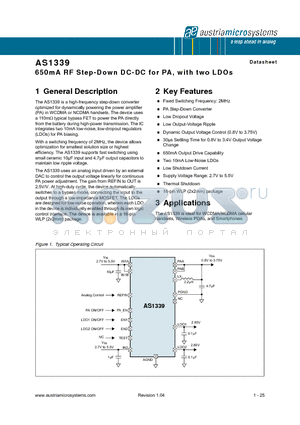 AS1339 datasheet - 650mA RF Step-Down DC-DC for PA, with two LDOs