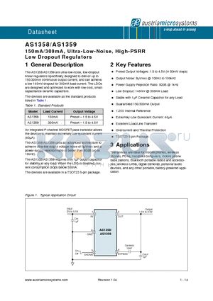 AS1358-BTTT-26 datasheet - 150mA/300mA, Ultra-Low-Noise, High-PSRR Low Dropout Regulators