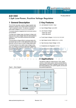 AS1360 datasheet - 1.5lA Low-Power, Positive Voltage Regulator