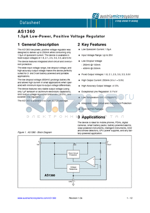 AS1360-21-T datasheet - 1.5uA Low-Power, Positive Voltage Regulator