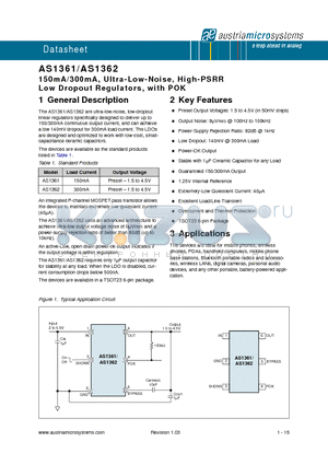 AS1361-BTTT-26 datasheet - 150mA/300mA, Ultra-Low-Noise, High-PSRR Low Dropout Regulators, with POK