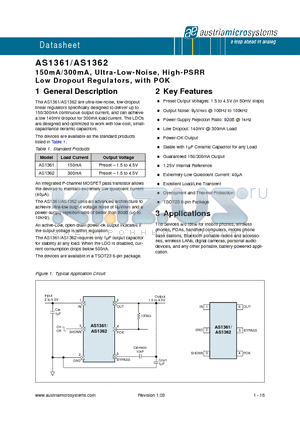 AS1361-BTTT-28 datasheet - 150mA/300mA, Ultra-Low-Noise, High-PSRR Low Dropout Regulators, with POK