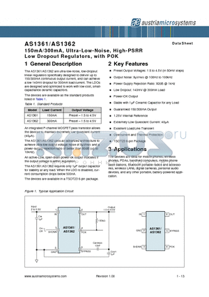 AS1361-BTTT-285 datasheet - 150mA/300mA, Ultra-Low-Noise, High-PSRR Low Dropout Regulators, with POK