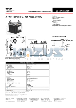 A-701P-I datasheet - A-701P-I SPST N.O., 400 Amps, 28 VDC