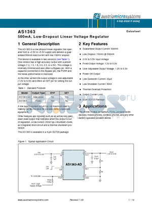 AS1363-BSTT-12 datasheet - 500mA, Low-Dropout Linear Voltage Regulator