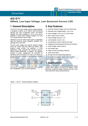 AS1371-BTDT-105 datasheet - 400mA, Low Input Voltage, Low Quiescent Current LDO