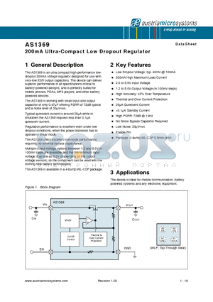 AS1369-BWLT-25 datasheet - 200mA Ultra-Compact Low Dropout Regulator