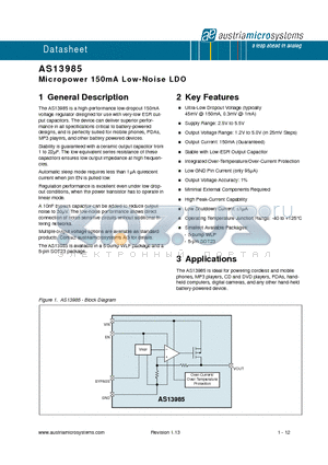 AS13985H28-T datasheet - Micropower 150mA Low-Noise LDO