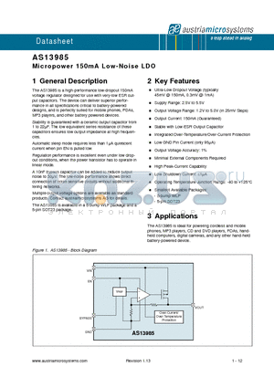 AS13985F18-T datasheet - Micropower 150mA Low-Noise LDO