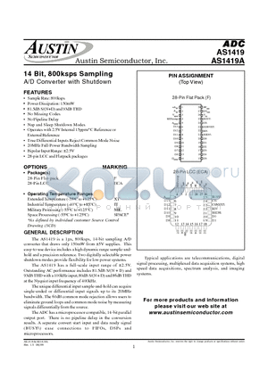 AS1419AF-SPACE datasheet - 14 Bit, 800ksps Sampling A/D Converter with Shutdown