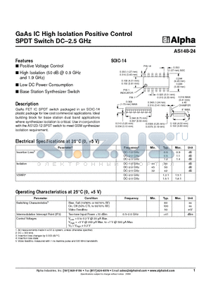 AS148-24 datasheet - GaAs IC High Isolation Positive Control SPDT Switch DC-2.5 GHz
