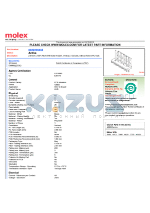 0022235034 datasheet - 2.54mm (.100) Pitch KK^ Solid Header, Vertical, 3 Circuits, without Kinked PC Tails