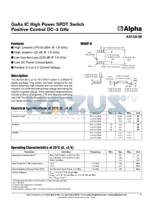 AS150-59 datasheet - GaAs IC High Power SPDT Switch Positive Control DC-3 GHz