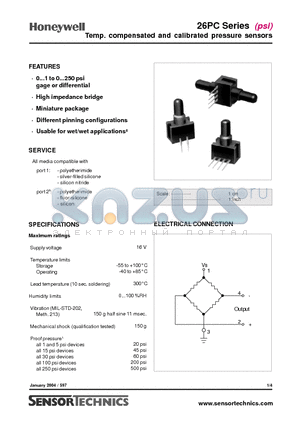 26PC0070D2A10 datasheet - Temp. compensated and calibrated pressure sensors