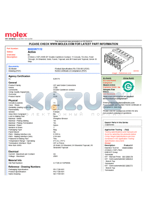 0022267112 datasheet - 2.54mm (.100) KK^ IDT Double Cantilever Contact, 11 Circuits, Tin (Sn), Feed-Through, 24 Stranded, Solid, Fused, Topcoat, and 26 Fused and Topcoat