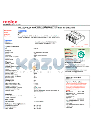 0022267121 datasheet - 2.54mm (.100) KK^ IDT Double Cantilever Contact, 12 Circuits, Tin (Sn), Feed-Through, 26 Stranded or Solid, and 28 Solid, Stranded, or Fused, Brown ID Strip