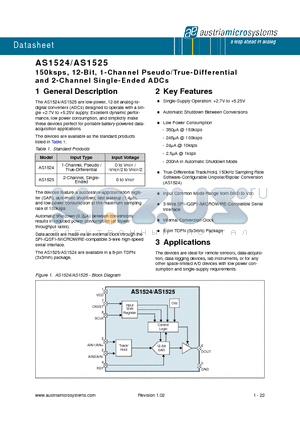 AS1524 datasheet - 150ksps, 12-Bit, 1-Channel Pseudo/True-Differential and 2-Channel Single-Ended ADCs