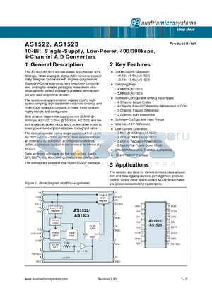 AS1522 datasheet - 10-Bit, Single-Supply, Low-Power, 400/300ksps, 4-Channel A/D Converters