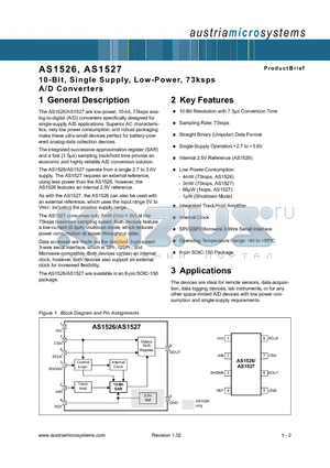 AS1526 datasheet - 10-Bit, Single Supply, Low-Power, 73ksps A/D Converters