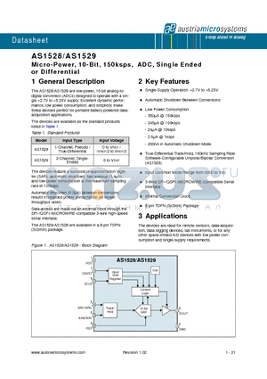 AS1529 datasheet - Micro-Power, 10-Bit, 150ksps, ADC, Single Ended or Differential