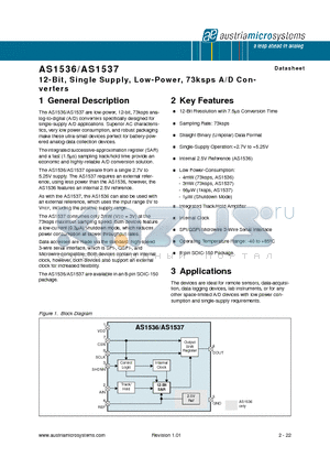 AS1537-BSOU datasheet - 12-Bit, Single Supply, Low-Power, 73ksps A/D Converters