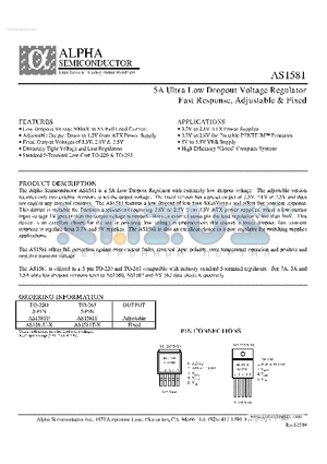 AS1581T-X datasheet - 5A ULTRA LOW DROPOUT VOLTAGE REGULATOR FAST RESPONSE, ADJUSTABLE & FIXED