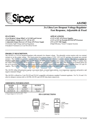 AS1582T-X datasheet - 3A Ultra Low Dropout Voltage Regulator Fast Response, Adjustable & Fixed