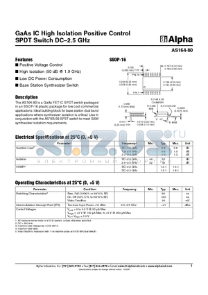 AS164-80 datasheet - GaAs IC High Isolation Positive Control SPDT Switch DC-2.5 GHz