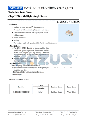 27-21-GHC-YR2T1 datasheet - Chip LED with Right Angle Resin
