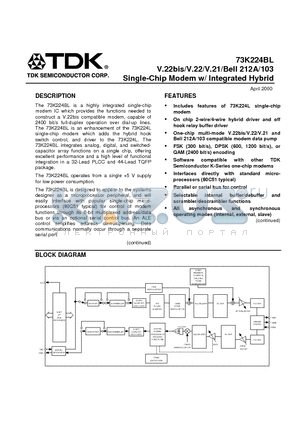73K224BL-IH datasheet - Single-Chip Modem w/ Integrated Hybrid