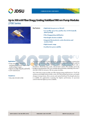 27-7552-270 datasheet - Up to 300 mW Fiber Bragg Grating Stabilized 980 nm Pump Modules