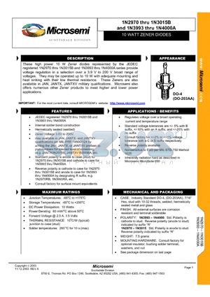 1N3009RB datasheet - 10 WATT ZENER DIODES