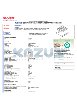 10-84-4122 datasheet - 6.35mm (.250) Pitch MLX Power Connector Receptacle, 2.13mm (.084