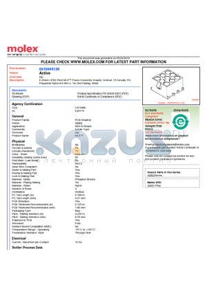 10-84-4150 datasheet - 6.35mm (.250) Pitch MLX Power Connector Header, Vertical, 15 Circuits, PA Polyamide Nylon 6/6 94V-2, Tin (Sn) Plating, White