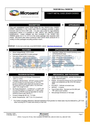 1N3016CTRUR-1 datasheet - 1 WATT METAL CASE ZENER DIODES