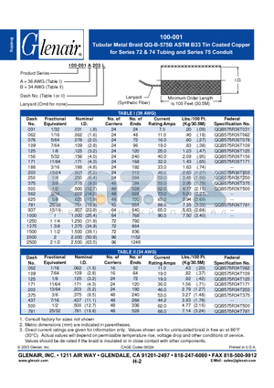 100-001A031L datasheet - Tubular Metal Braid QQ-B-575B ASTM B33 Tin Coated Copper for Series 72 & 74 Tubing and Series 75 Conduit
