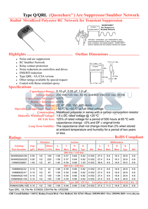 504M02QA220 datasheet - Arc Suppressor/Snubber Network Radial Metallized Polyester RC Network for Transient Suppression