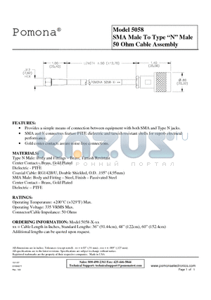 5058 datasheet - SMA Male To Type N Male 50 Ohm Cable Assembly