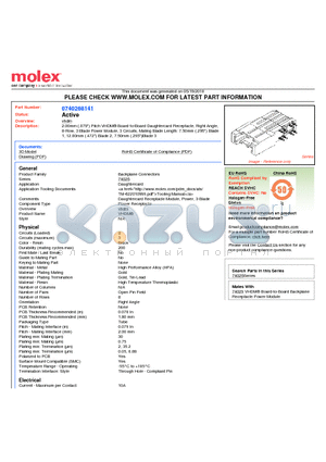 74026-8141 datasheet - 2.00mm (.079) Pitch VHDM^ Board-to-Board Daughtercard Receptacle, Right Angle8-Row, 3 Blade Power Module, 3 Circuits, Mating Blade Length: 7.50mm (.295) Blade