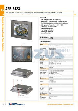 AFP-6123HTT-A1-1010 datasheet - 12.1 Stainless Fanless Touch Panel Computer With Intel Atom D2550 Onboard, 2G RAM