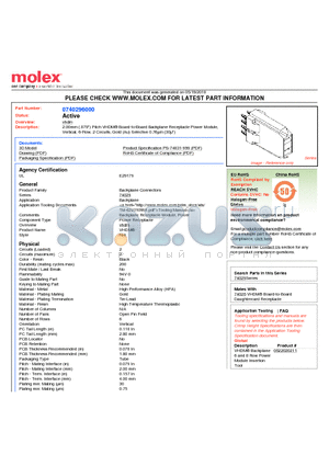 74029-6000 datasheet - 2.00mm (.079) Pitch VHDM^ Board-to-Board Backplane Receptacle Power Module, Vertical, 6-Row, 2 Circuits, Gold (Au) Selective 0.76lm (30l)