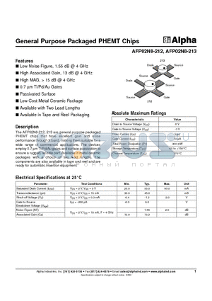 AFP02N8-212 datasheet - General Purpose Packaged PHEMT Chips