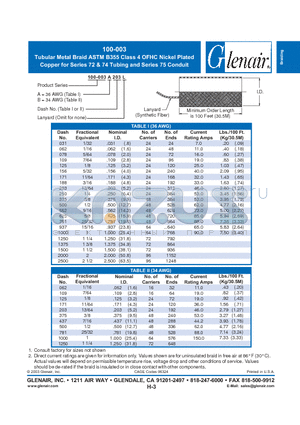 100-003B1000L datasheet - Tubular Metal Braid ASTM B355 Class 4 OFHC Nickel Plated Copper for Series 72 & 74 Tubing and Series 75 Conduit