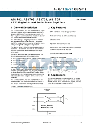 AS1702 datasheet - 1.6W Single-Channel Audio Power Amplifiers