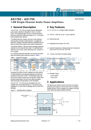 AS1702 datasheet - 1.8W Single-Channel Audio Power Amplifiers